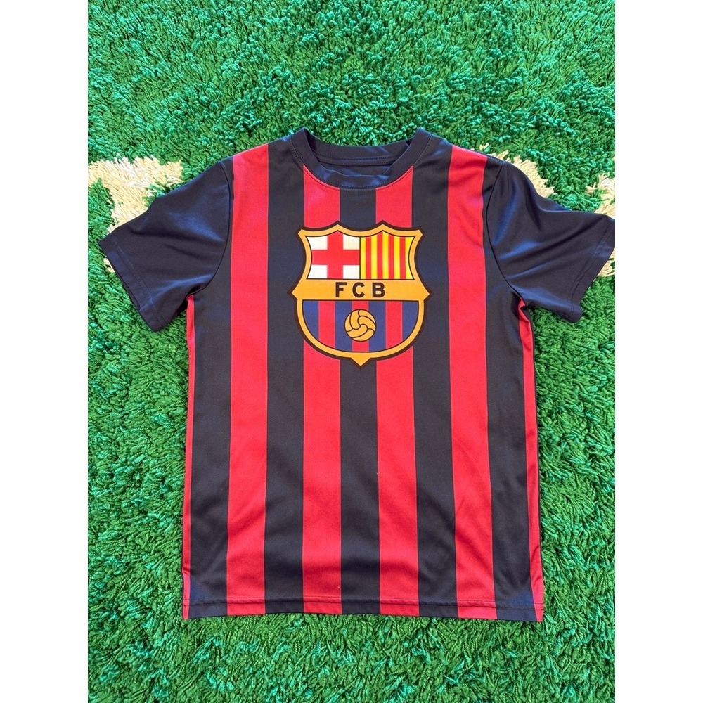 FC Barcelona Soccer Jersey Youth Large Red Blue Excellent Striped Crest Shirt